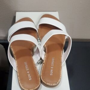Sun + Stone NWT White Double-Strap Leather Slide Sandals